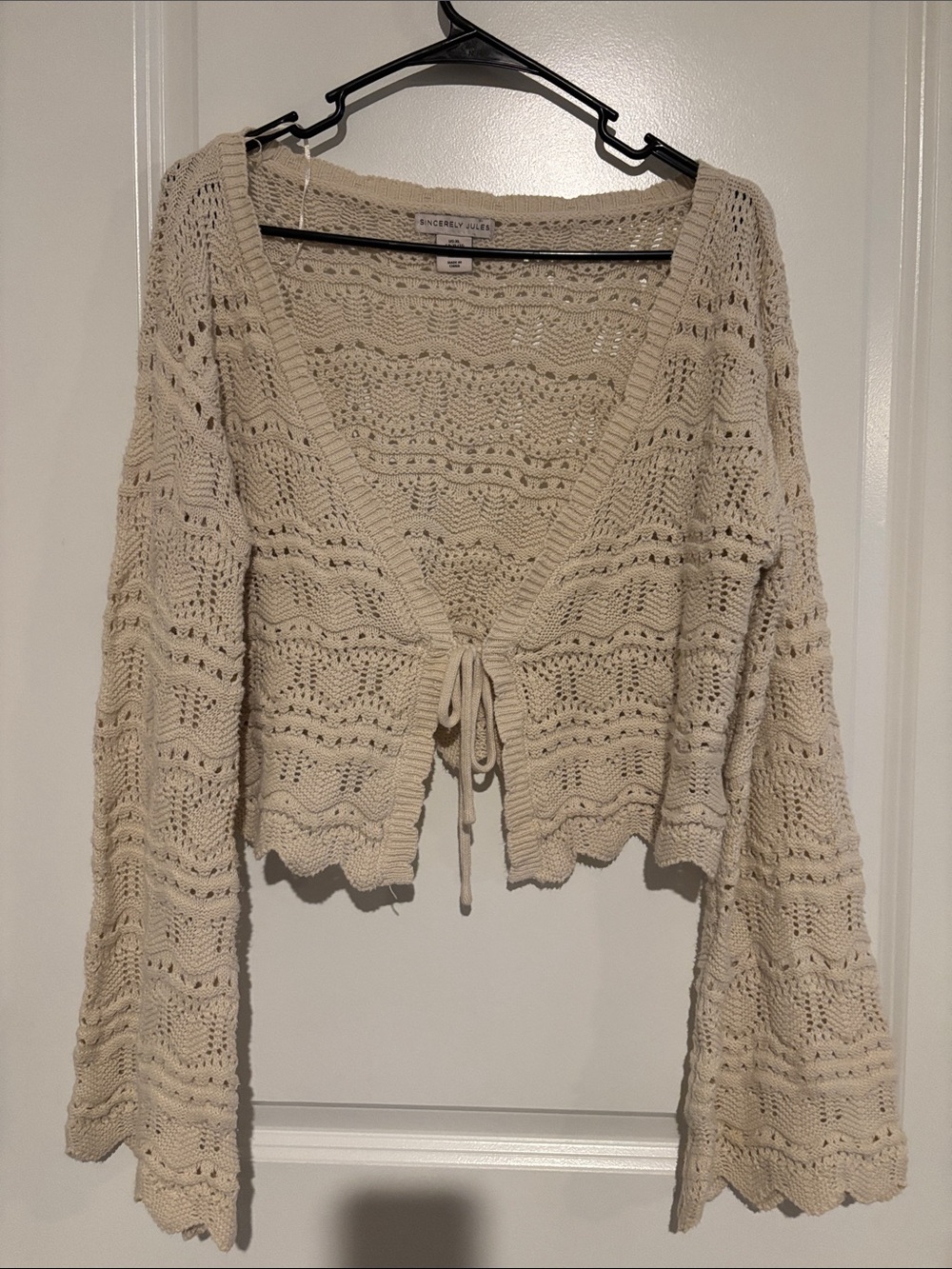Sincerely Jules Cream Openwork Tie-Front Crochet Cardigan
